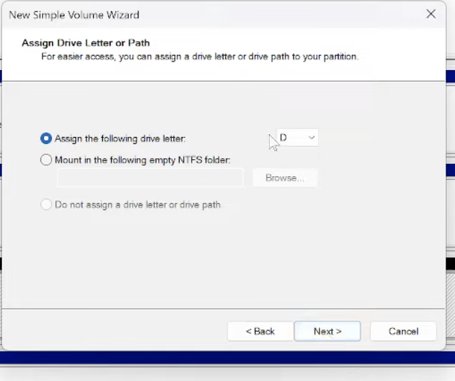 click Next, assign a drive letter